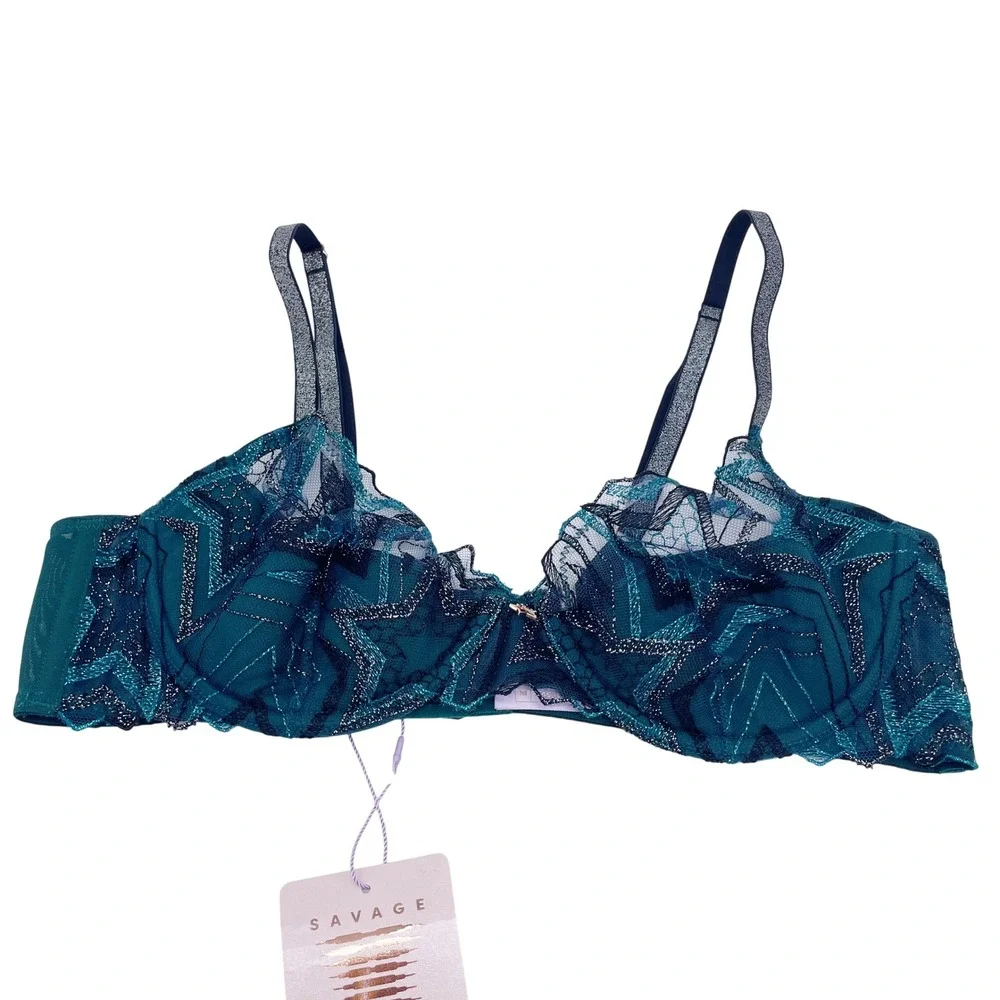 Savage X Fenty Green Metallic Zigzag Mesh Lingerie‎ Underwire Bra Size 36B